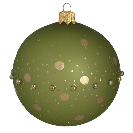 Ornement en verre de couleur vert mat avec décor de perles dorées et de pois
